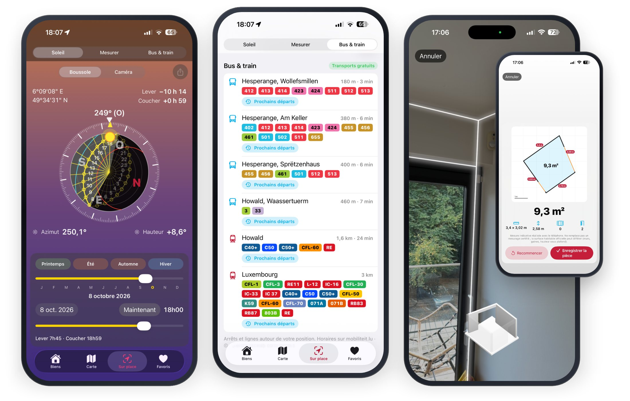 Captures de l'app iMMOSOLUTIONS : boussole solaire, bus et trains, mesure des pièces