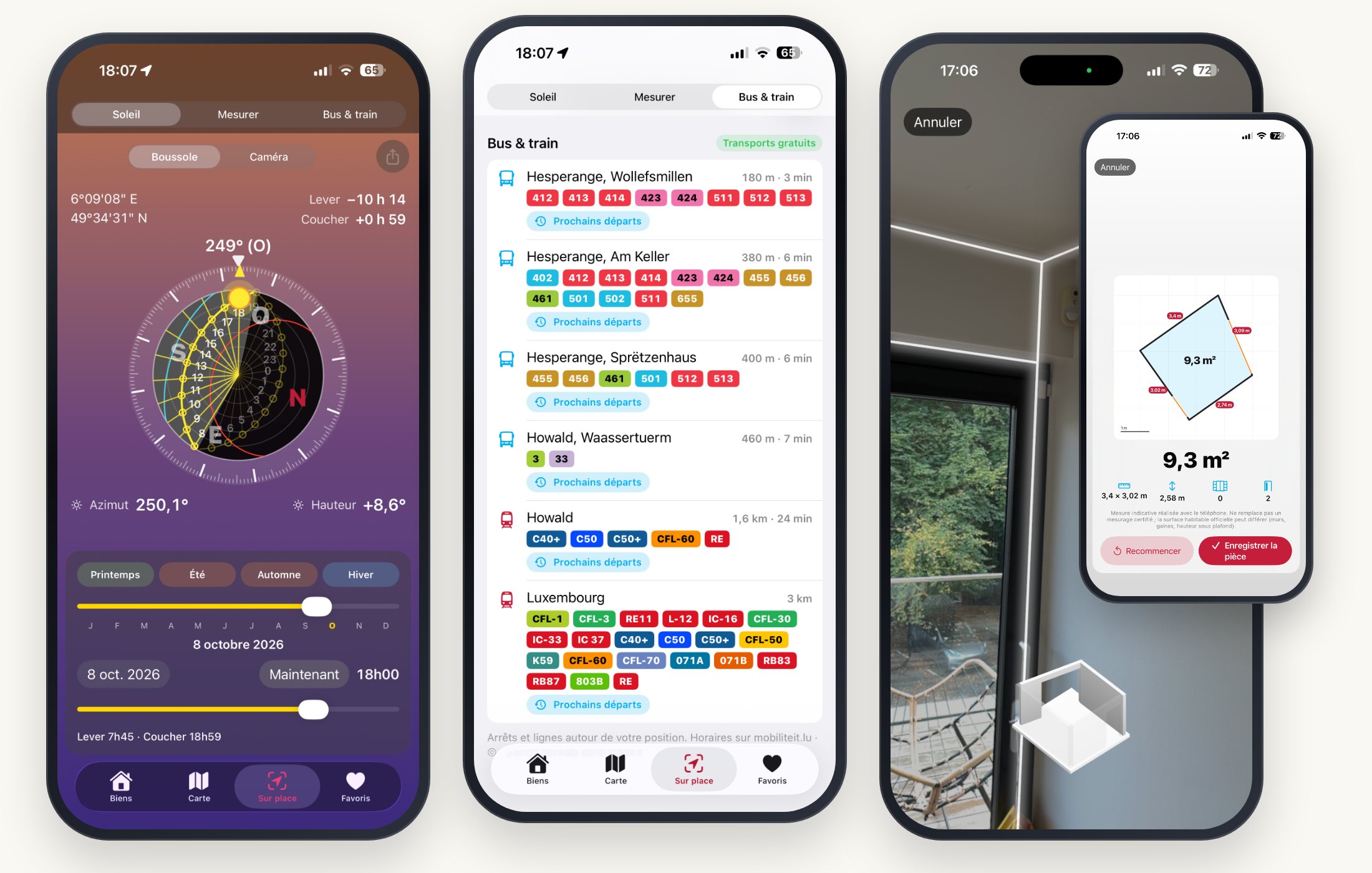 Captures de l'app iMMOSOLUTIONS : boussole solaire, bus et trains, mesure des pièces