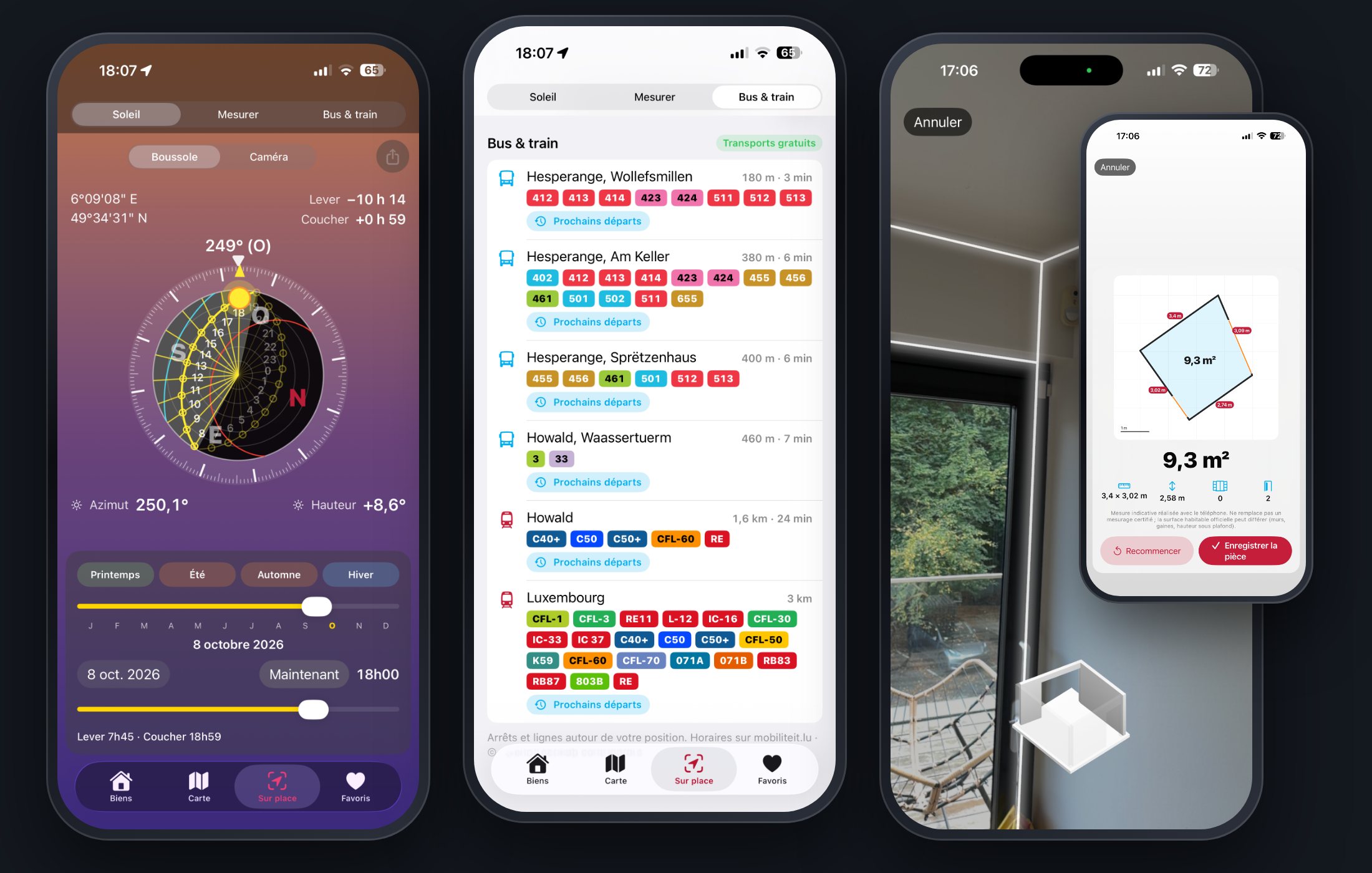 Captures de l'app iMMOSOLUTIONS : boussole solaire, bus et trains, mesure des pièces
